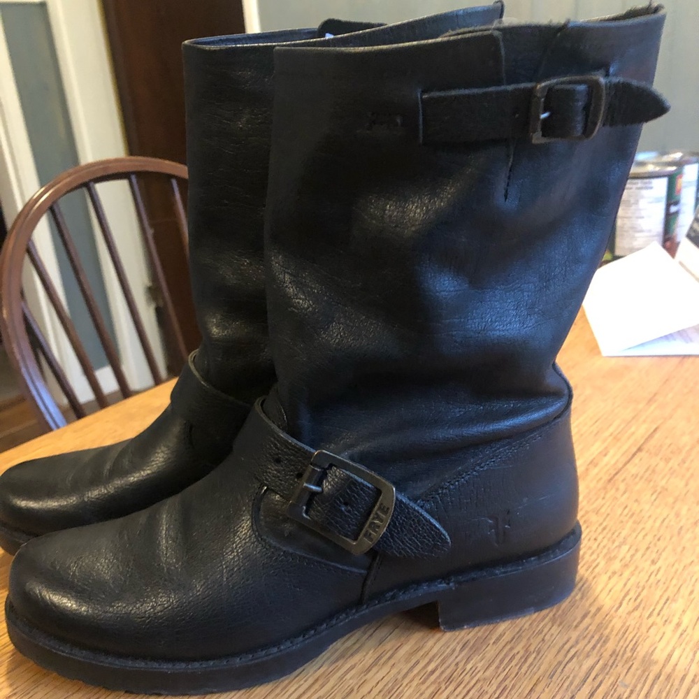 Frye black leather motorcycle boots, size 7.5